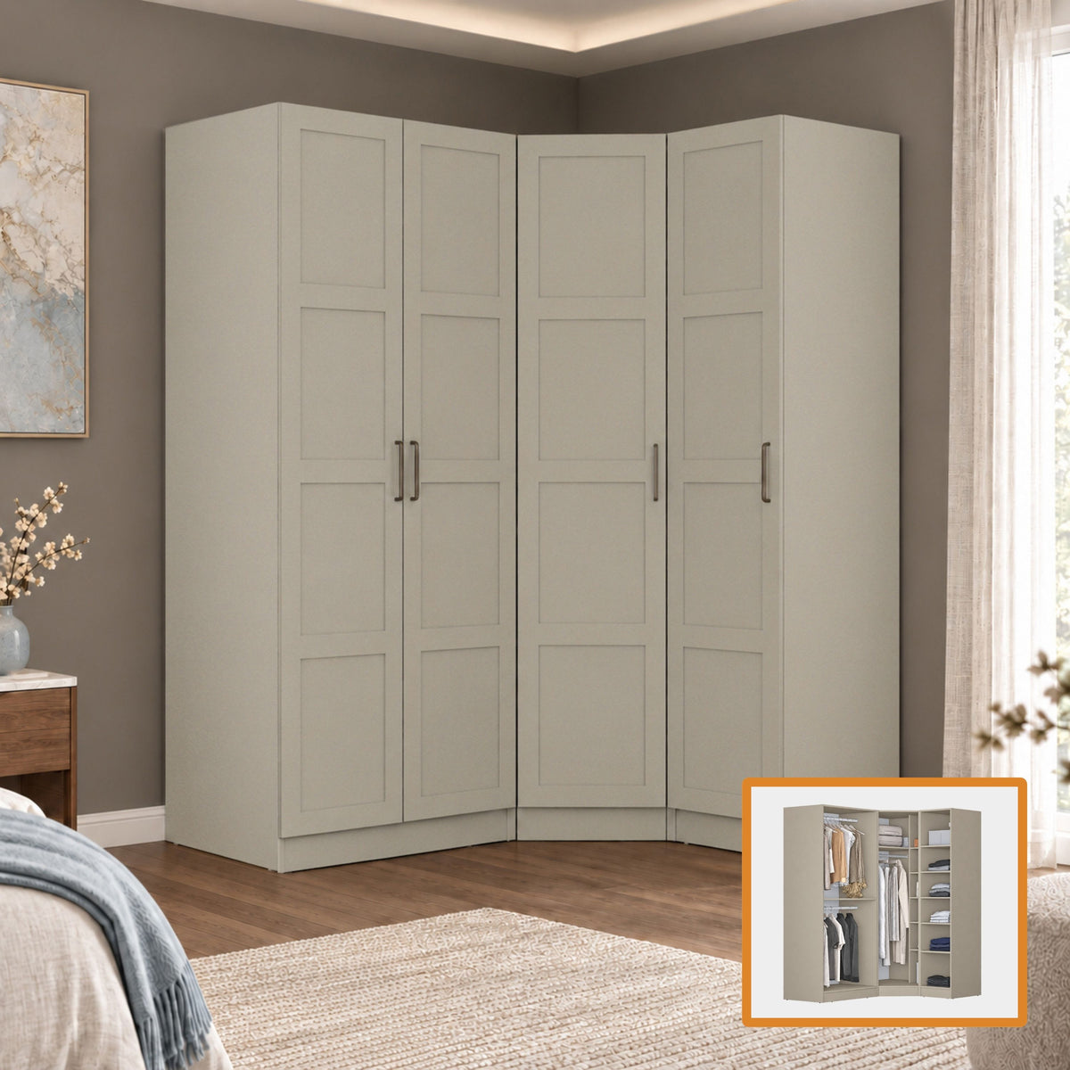 Rani BA402 Membran Kapaklı Modüler Gardırop 4 Kapaklı Raflı Askılı Elbise Dolabı Kumtaşı