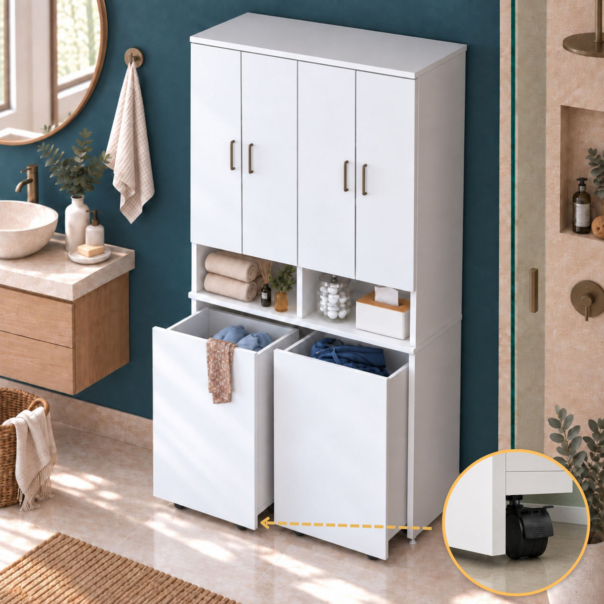 Rani KC123 Banyo Dolabı Raflı Çekmeceli Çamaşır Sepeti Bölmeli Çok Amaçlı Dolap Beyaz