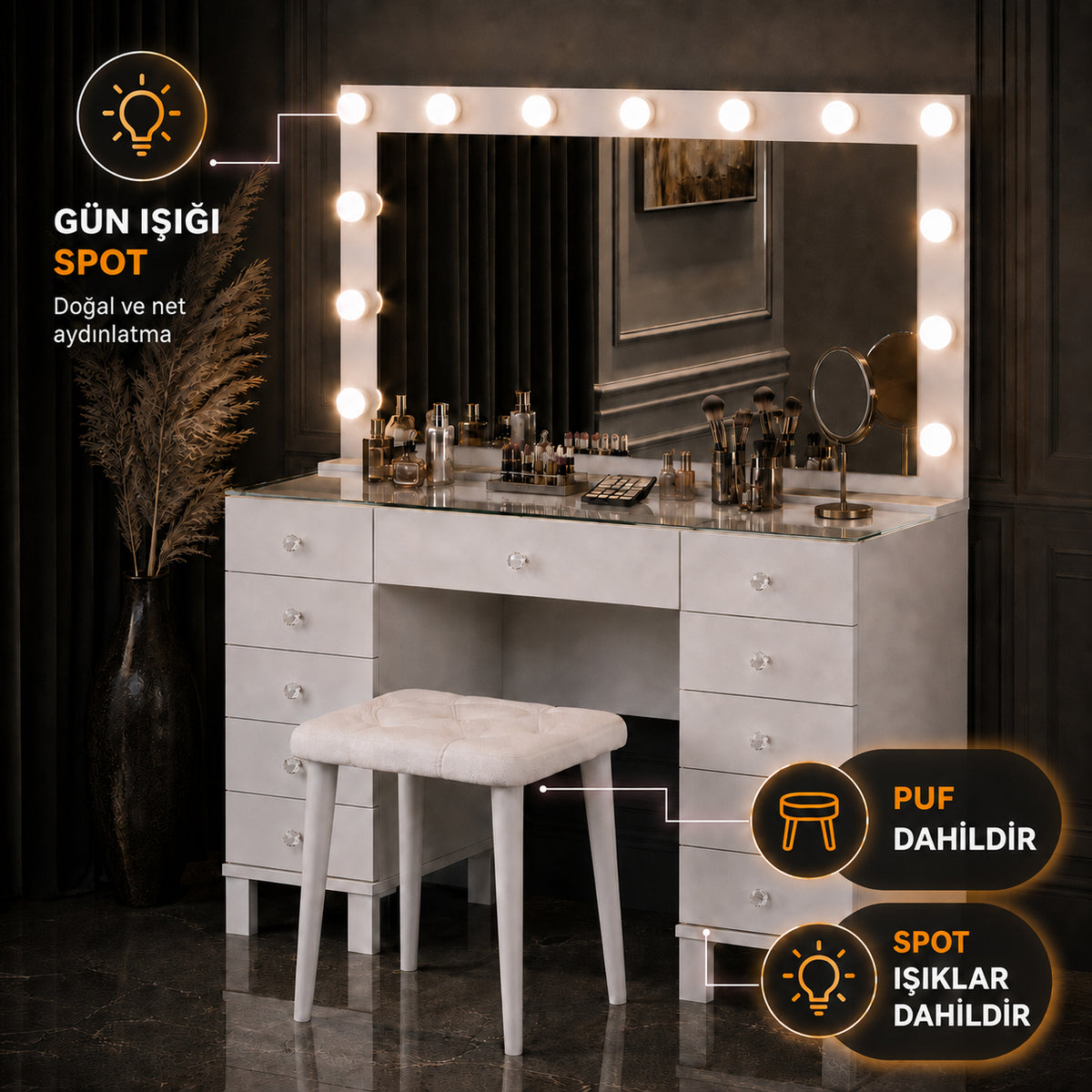 Rani BJ240 Hollywood Işıklı Aynalı Kulis Makyaj Masası Cam Tablalı 11 Çekmeceli Takı Düzenleyici Puf Takım Günışığı