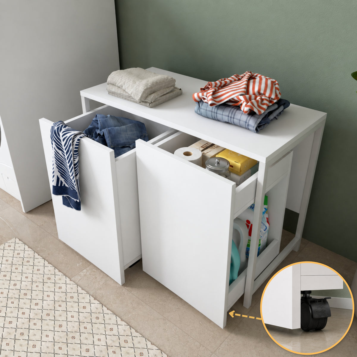 Rani KC118 Tekerlekli Kirli Çamaşır Banyo Dolabı Beyaz
