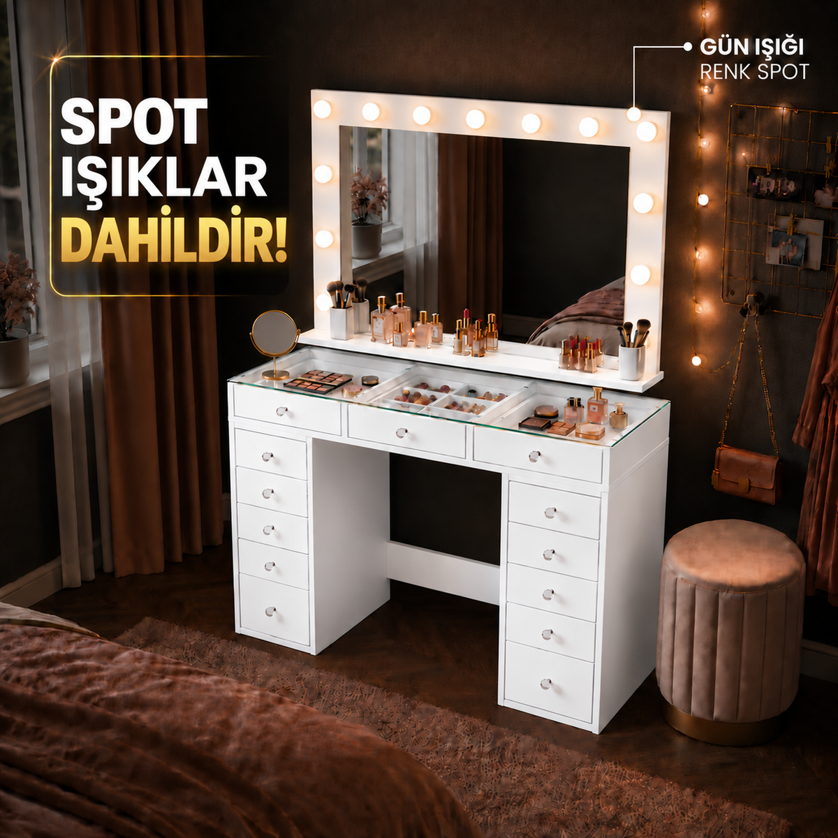Rani BJ197 Makyaj Masası 13 Çekmeceli Cam Tablalı Takı Düzenleyici Günışığı