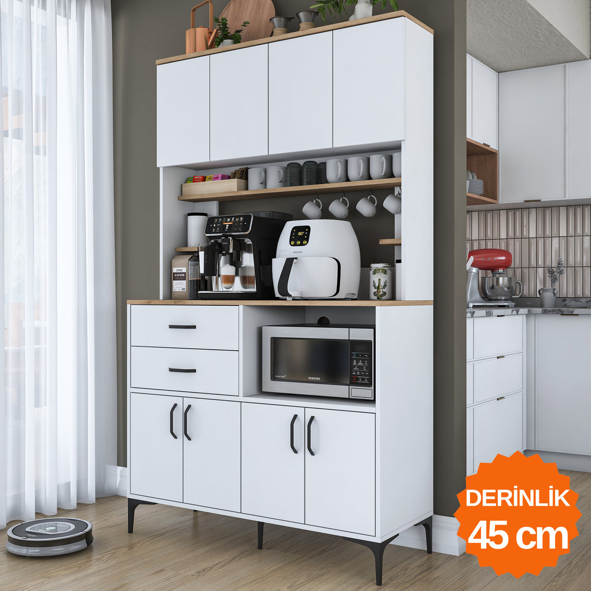 Rani JE208 Çok Amaçlı Dolap 8 Kapaklı 2 Çekmeceli Kiler Mutfak Dolabı Beyaz - Sepet Ceviz