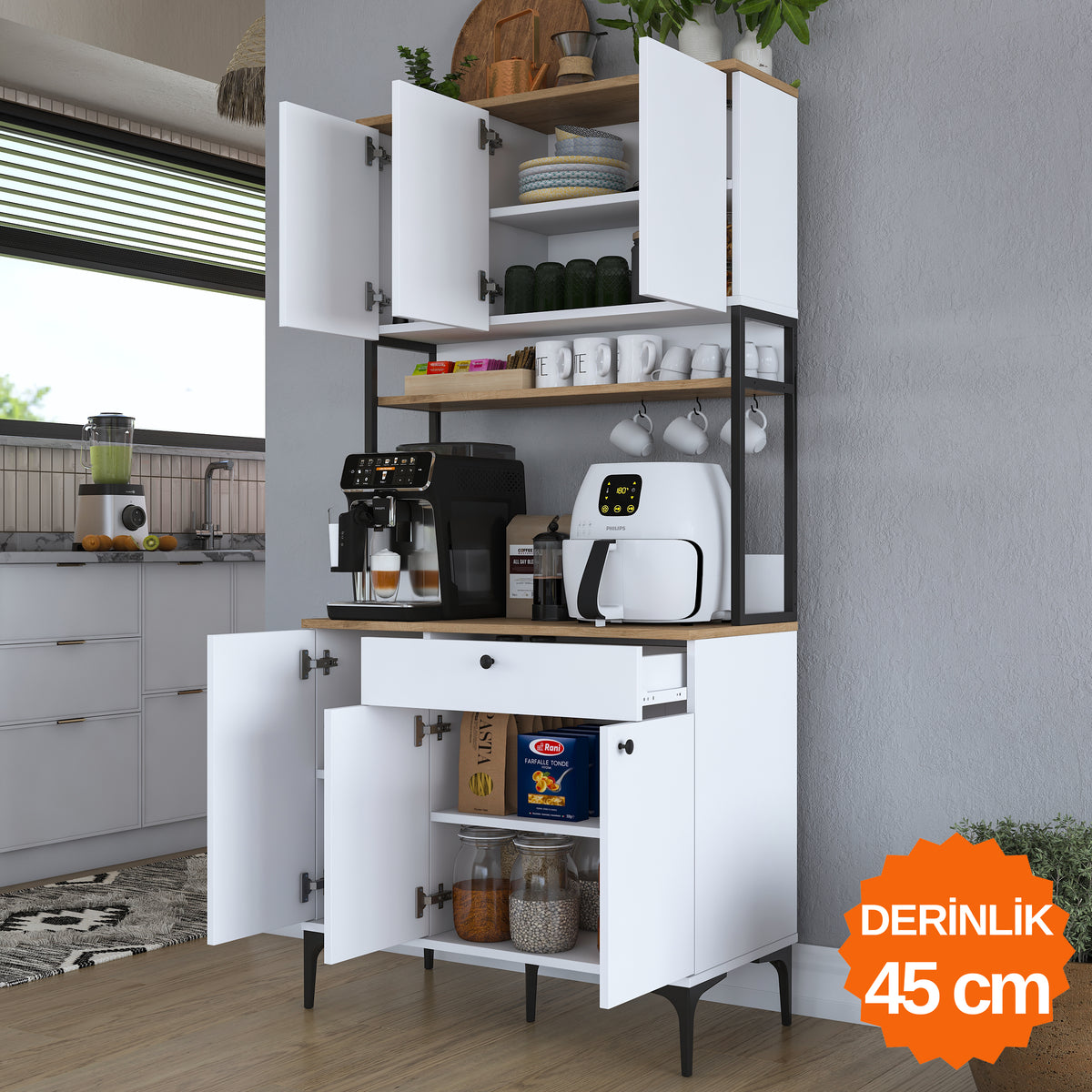 Rani JE197 Çok Amaçlı Dolap 6 Kapaklı 1 Çekmeceli Kiler Mutfak Dolabı Sepet Ceviz - Beyaz