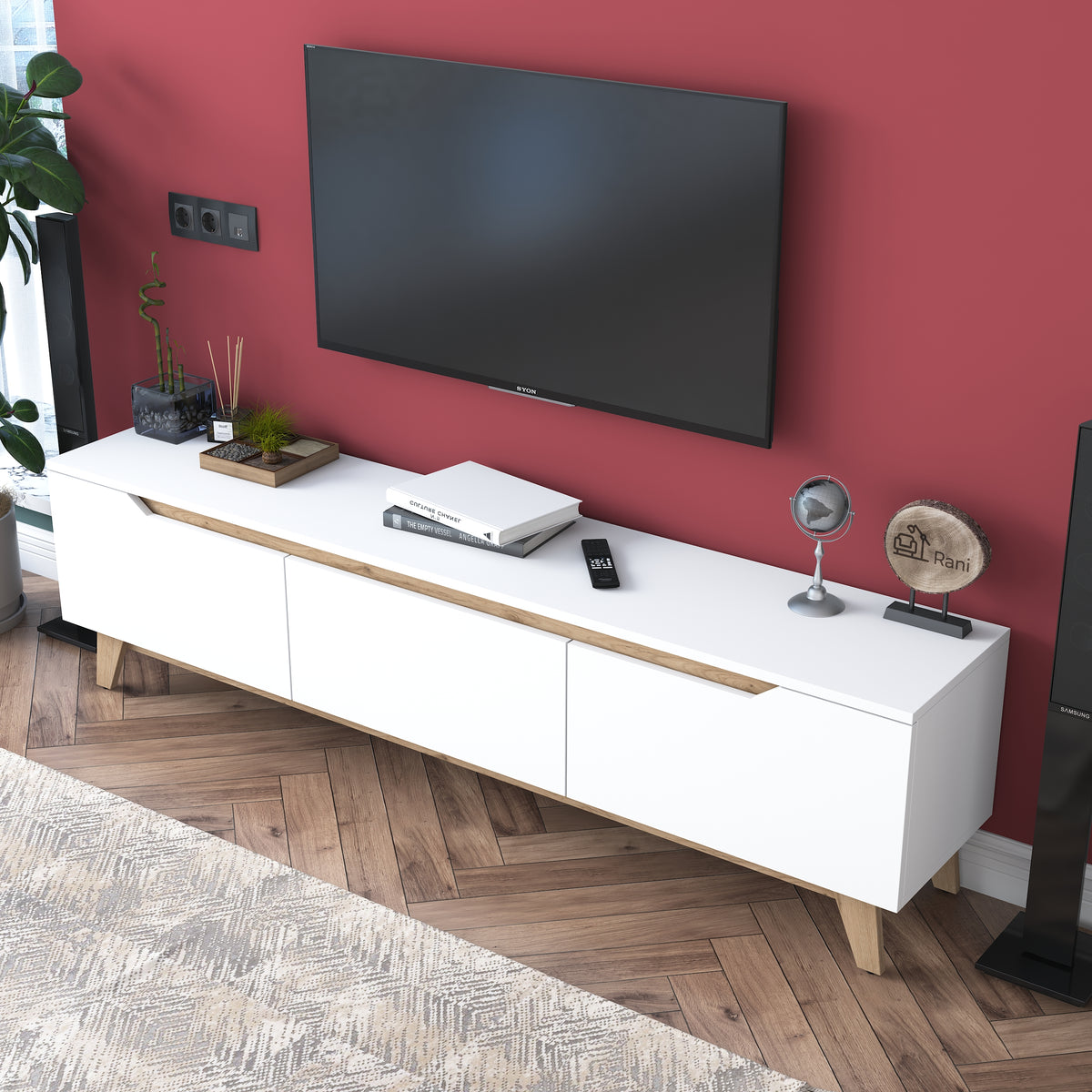 Rani D1 Tv Ünitesi Modern Ayaklı Tv Sehpası 180 cm Beyaz - Sepet Ceviz