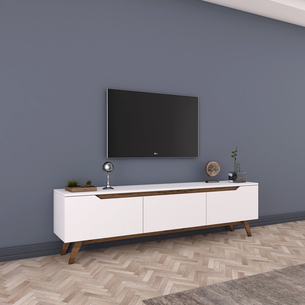 Rani D1 Tv Ünitesi Modern Ayaklı Tv Sehpası 180 cm Beyaz - Minyatür Ceviz