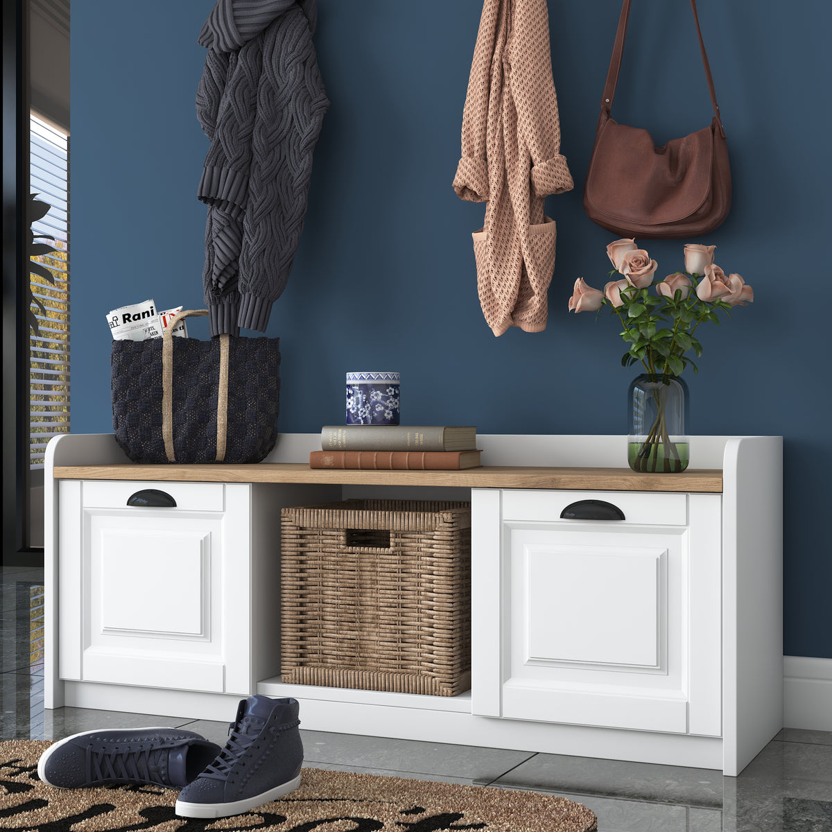 Rani P2 Modern Portmanto Ayakkabılık ve Duvar Askısı Vestiyer M1 Renk: Beyaz - Sepet Ceviz