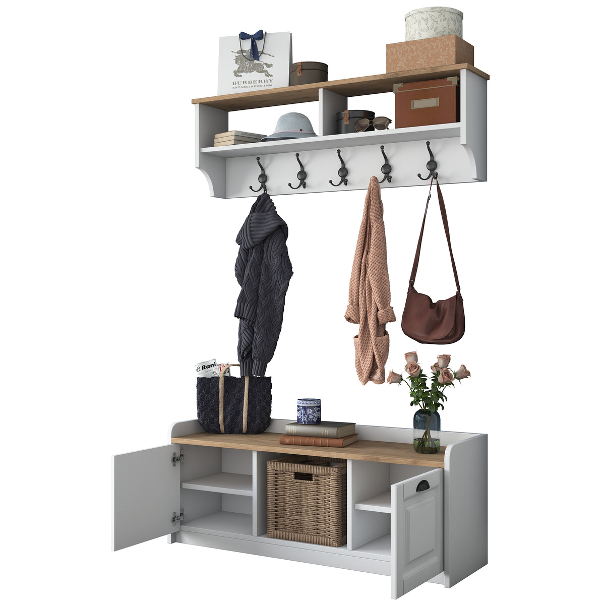 Rani P2 Modern Portmanto Ayakkabılık ve Duvar Askısı Vestiyer M1 Renk: Beyaz - Sepet Ceviz