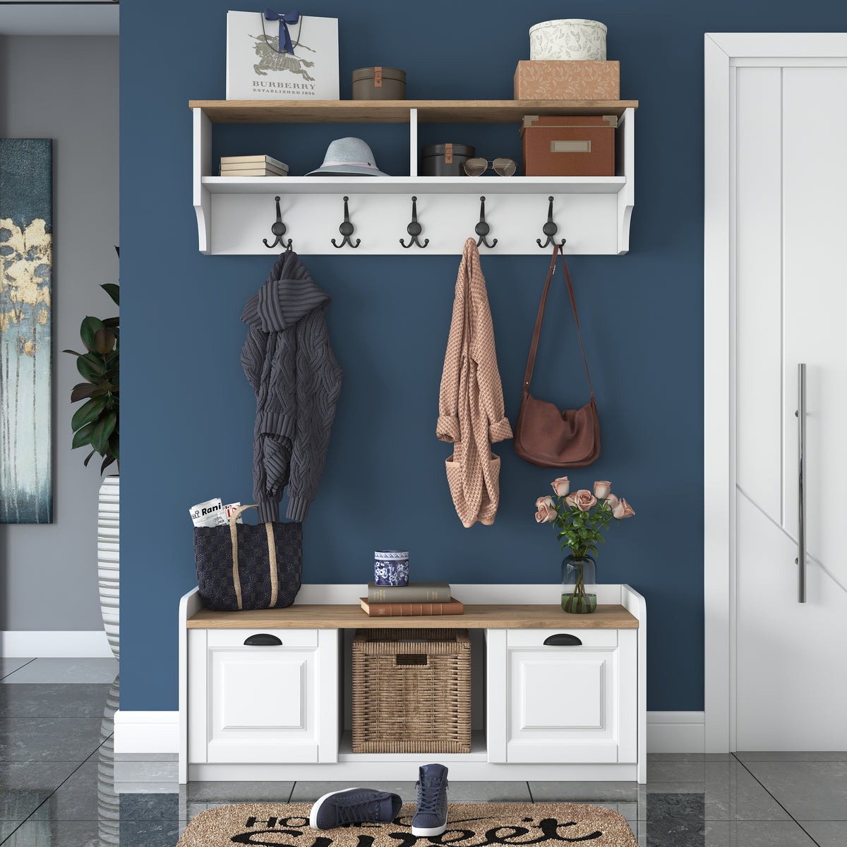 Rani P2 Modern Portmanto Ayakkabılık ve Duvar Askısı Vestiyer M1 Renk: Beyaz - Sepet Ceviz