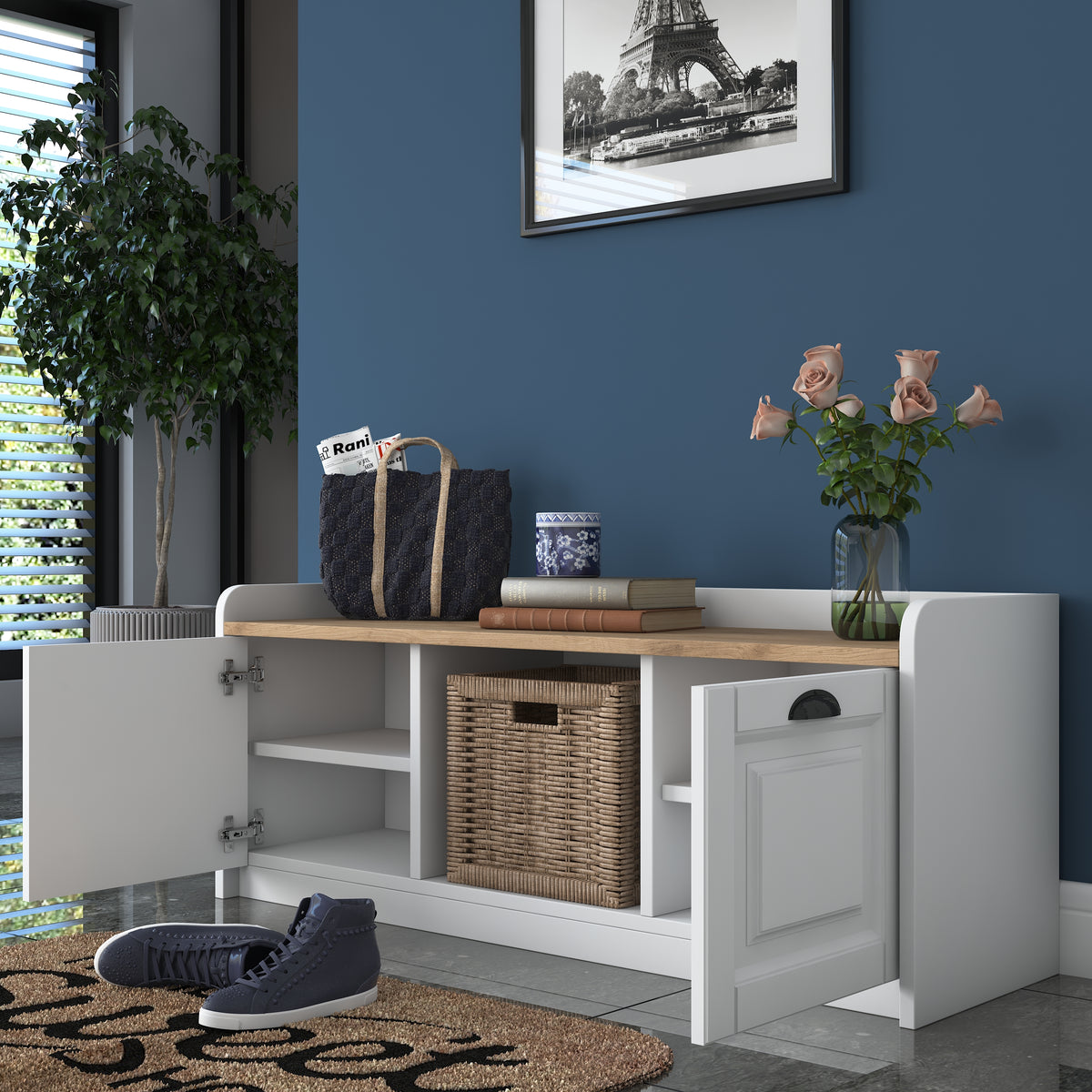 Rani P2 Modern Ayakkabılık Ayakkabı Dolabı Renk: Beyaz - Sepet Ceviz M1
