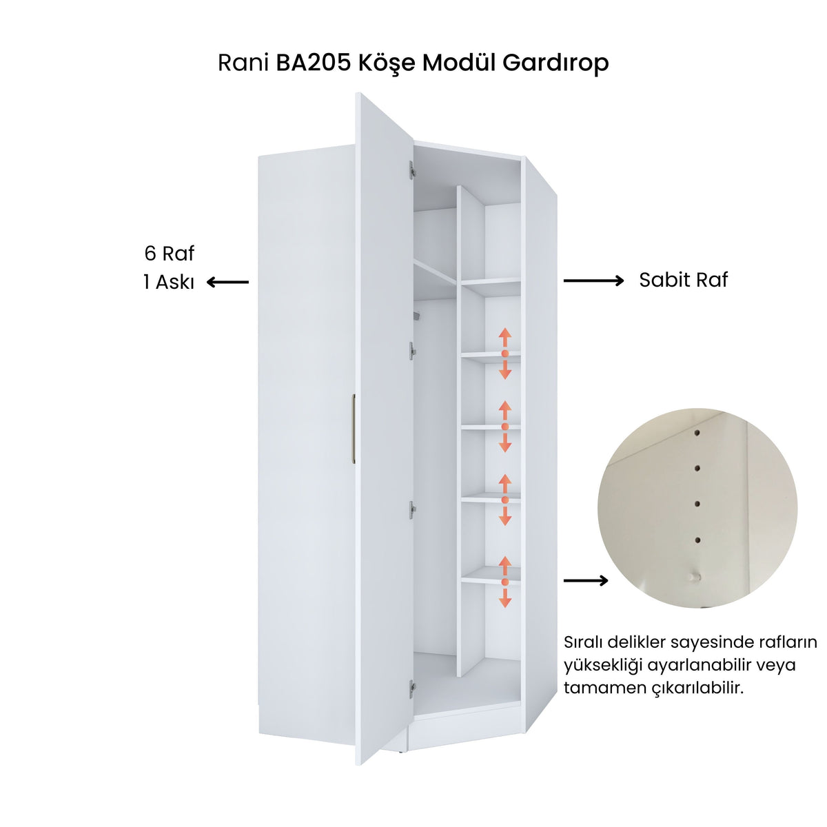 Rani BA205 Membran Kapaklı Köşe Modül Gardırop Tek Kapaklı 6 Raflı Askılı Elbise Dolabı Beyaz