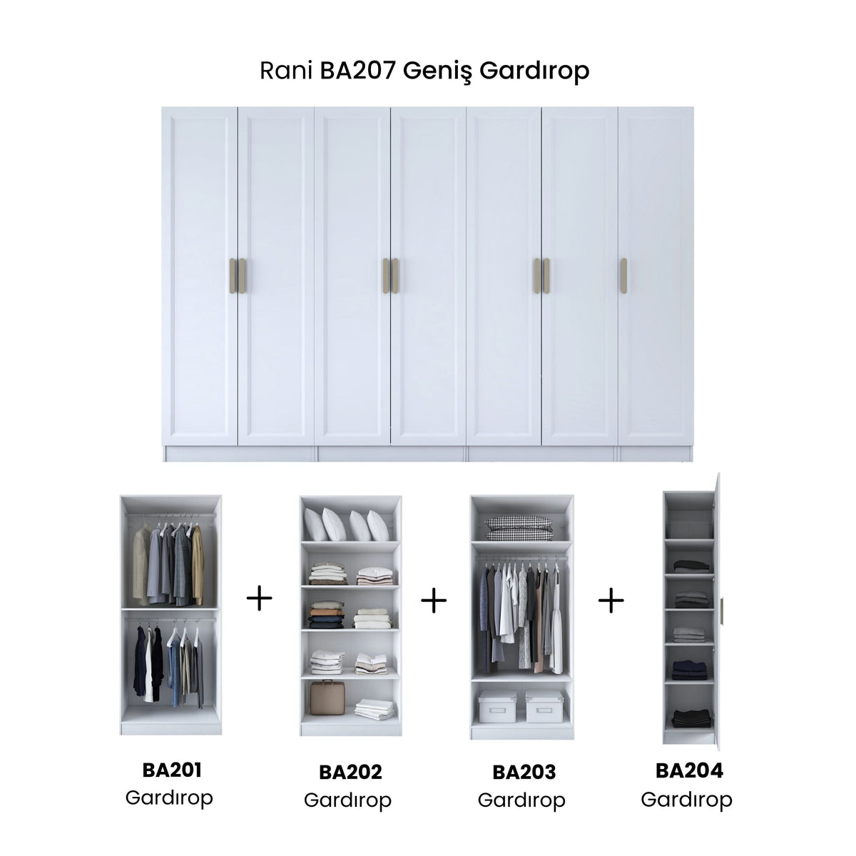 Rani BA207 Membran Kapaklı Modüler Gardırop 7 Kapaklı Raflı Askılı Elbise Dolabı Beyaz