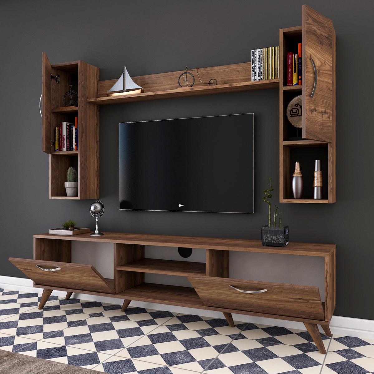 Rani A9 Duvar Raflı Tv Ünitesi Kitaplıklı Tv Sehpası Duvara Monte Raflı Modern Ayaklı 180 cm Minyatür Ceviz M27