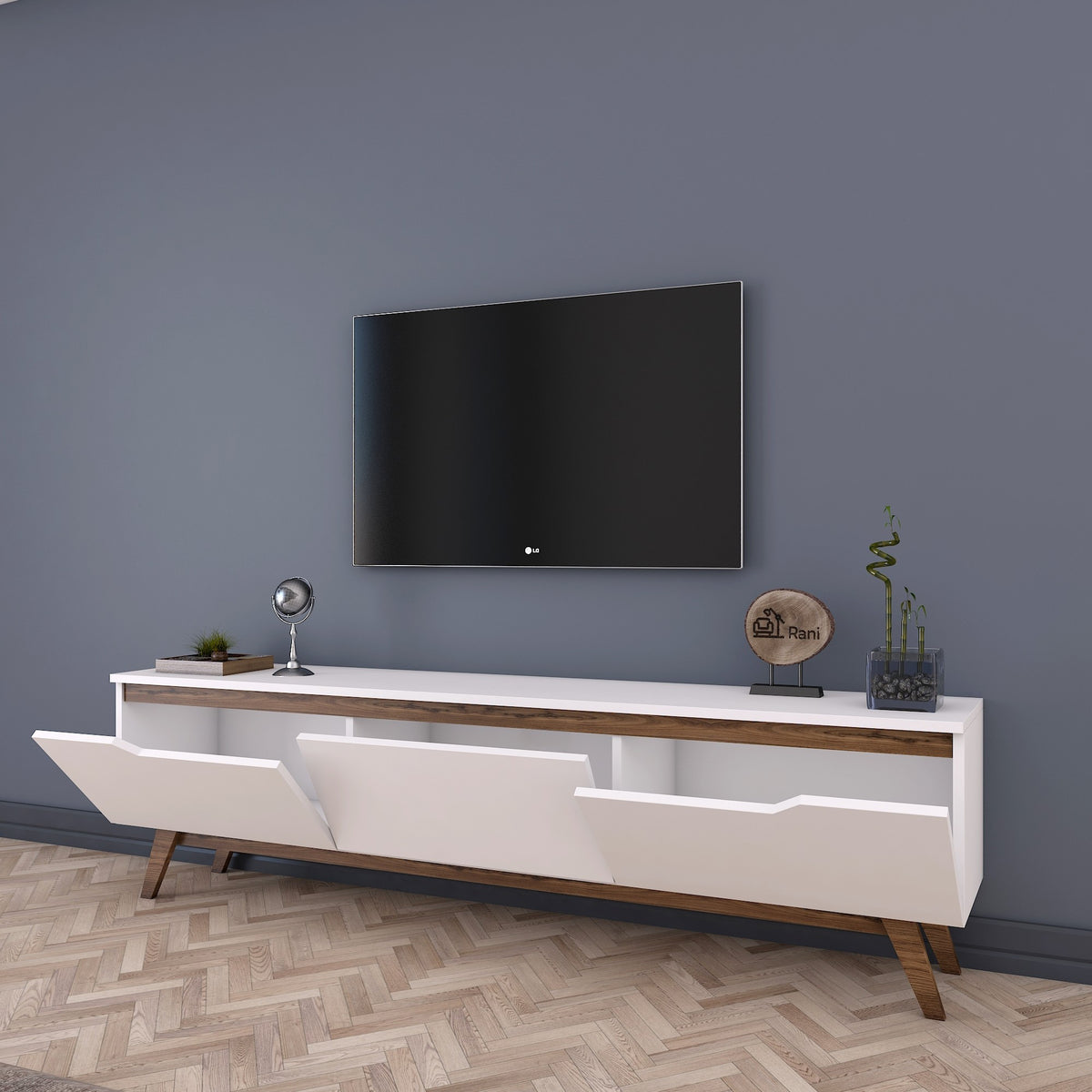 Rani D1 Tv Ünitesi Modern Ayaklı Tv Sehpası 180 cm  Beyaz - Minyatür Ceviz