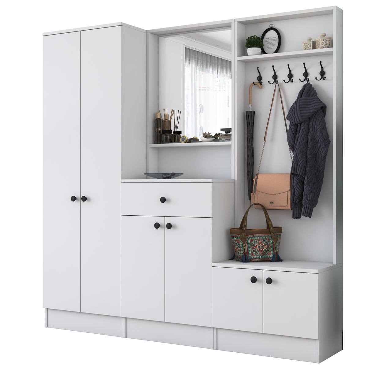 Rani P6 Modern Çekmeceli Aynalı Askılı Portmanto Ayakkabılık Vestiyer Beyaz M3