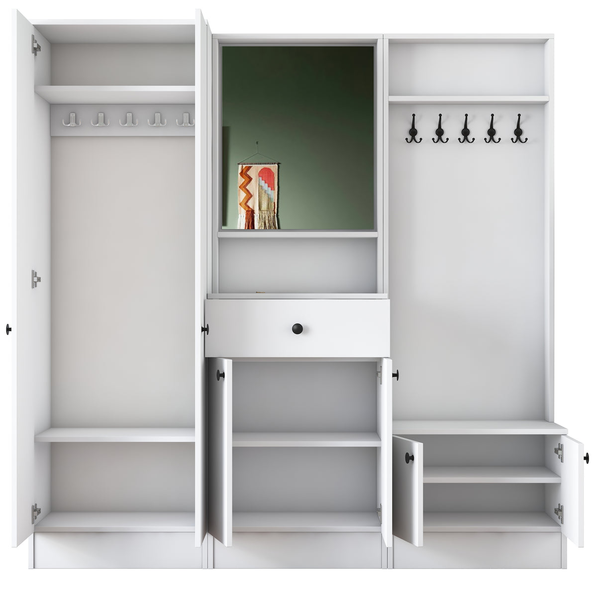 Rani P6 Modern Çekmeceli Aynalı Askılı Portmanto Ayakkabılık Vestiyer Beyaz M3