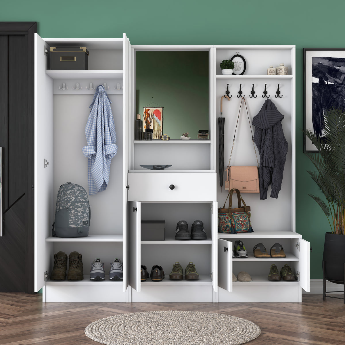 Rani P6 Modern Çekmeceli Aynalı Askılı Portmanto Ayakkabılık Vestiyer Beyaz M3