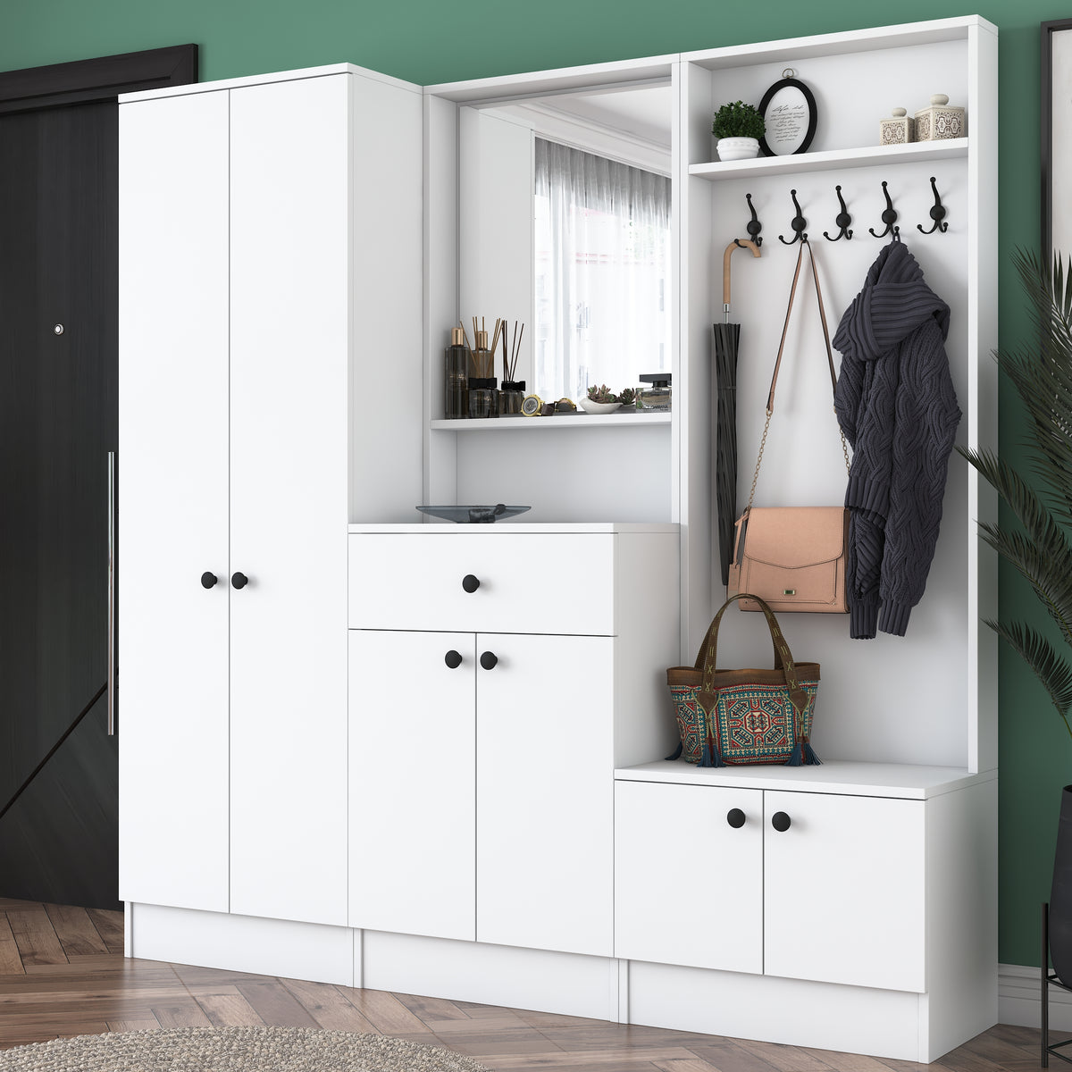 Rani P6 Modern Çekmeceli Aynalı Askılı Portmanto Ayakkabılık Vestiyer Beyaz M3