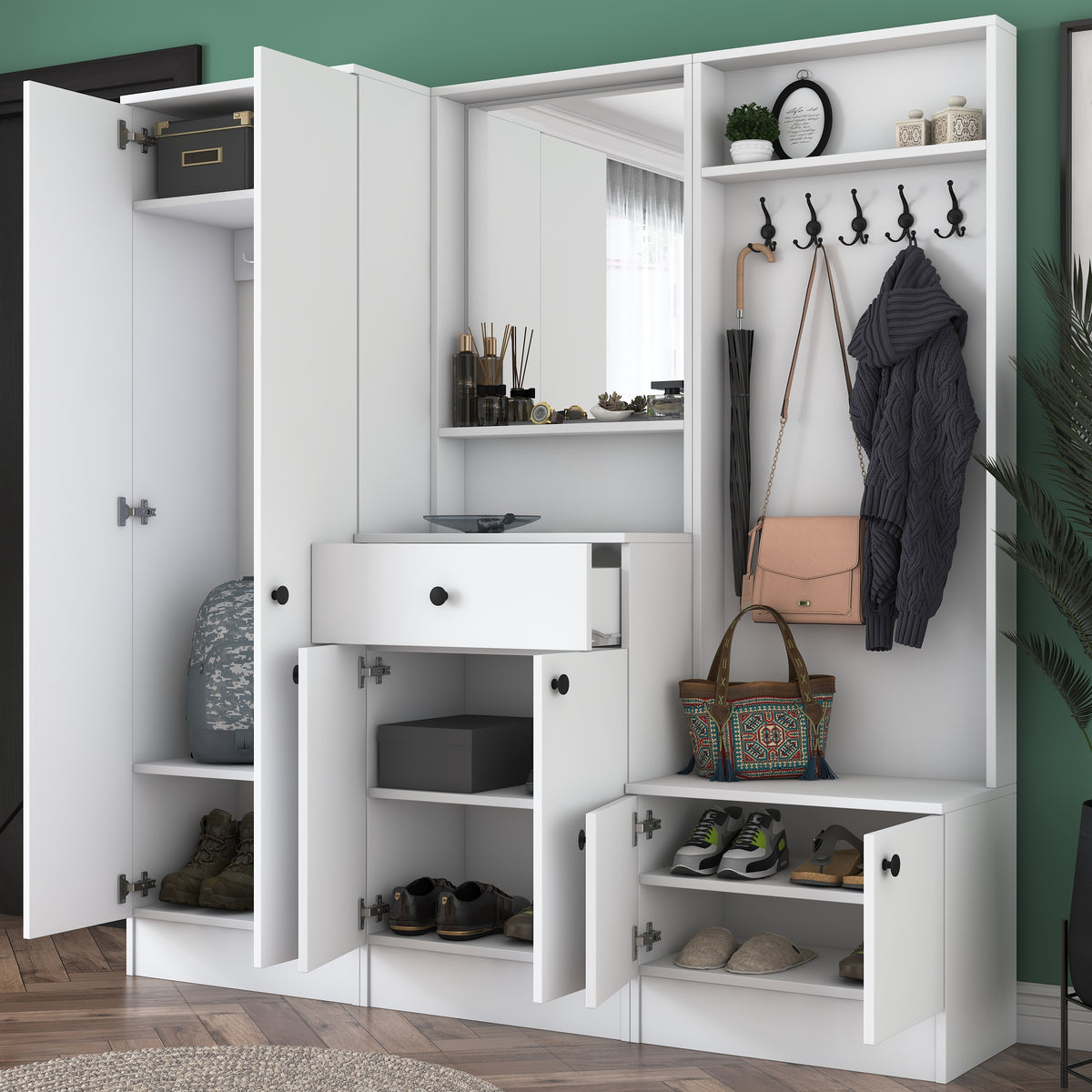 Rani P6 Modern Çekmeceli Aynalı Askılı Portmanto Ayakkabılık Vestiyer Beyaz M3