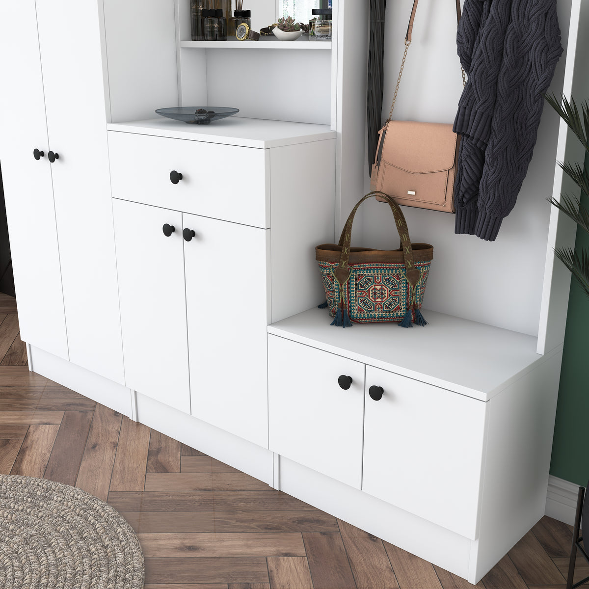 Rani P6 Modern Çekmeceli Aynalı Askılı Portmanto Ayakkabılık Vestiyer Beyaz M3