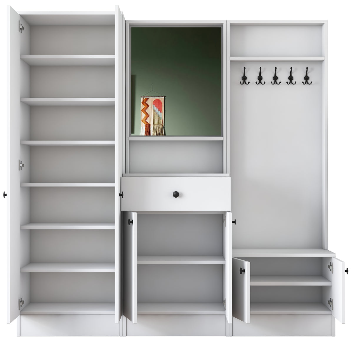Rani P6 Modern Çekmeceli Aynalı Raflı Portmanto Ayakkabılık Vestiyer Beyaz M2