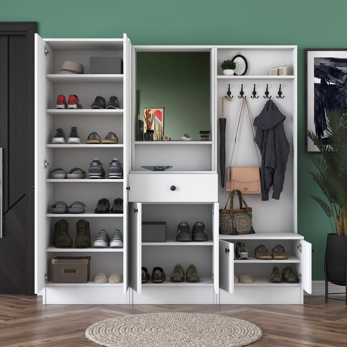 Rani P6 Modern Çekmeceli Aynalı Raflı Portmanto Ayakkabılık Vestiyer Beyaz M2