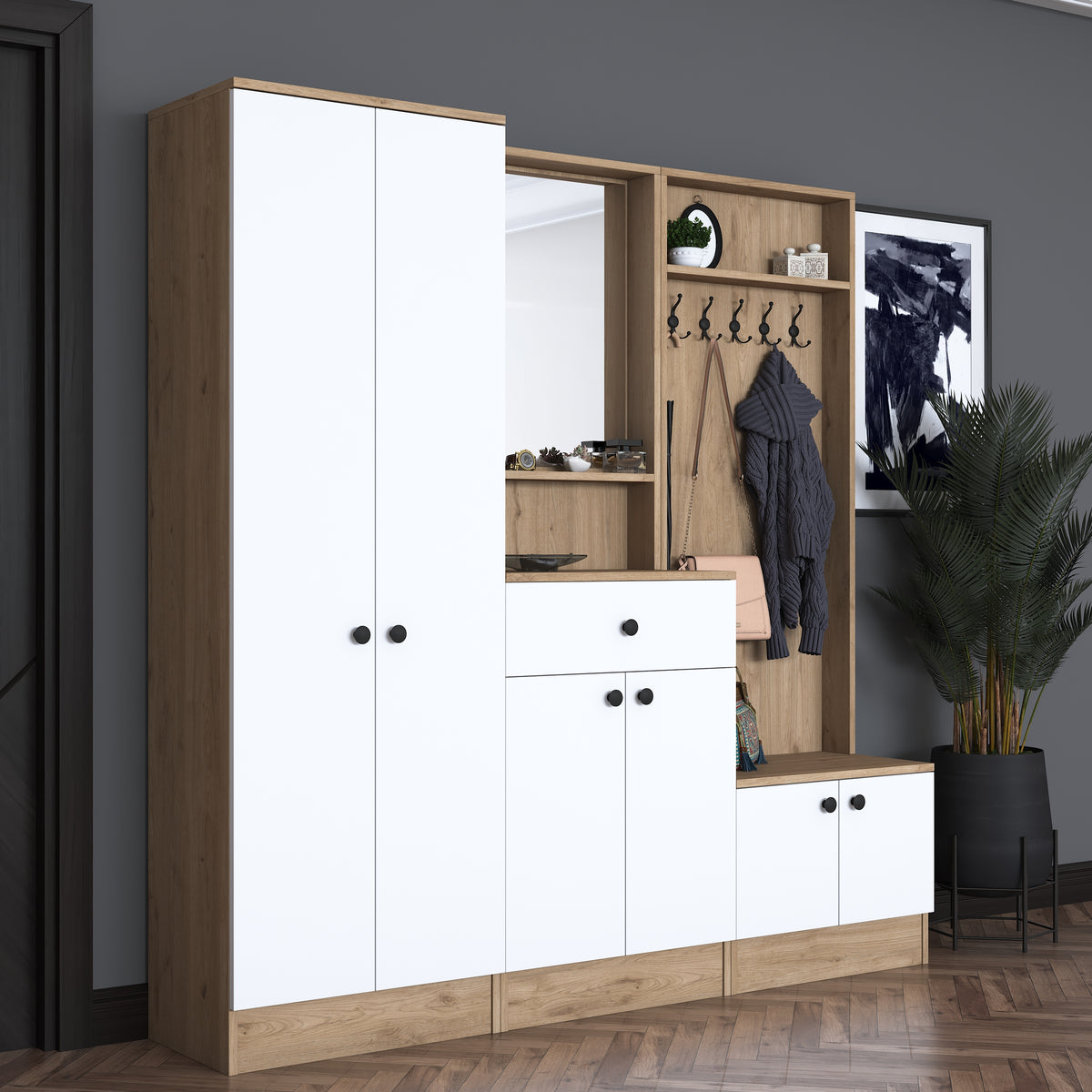 Rani P6 Modern Çekmeceli Aynalı Raflı Portmanto Ayakkabılık Vestiyer Sepet Ceviz - Beyaz M2