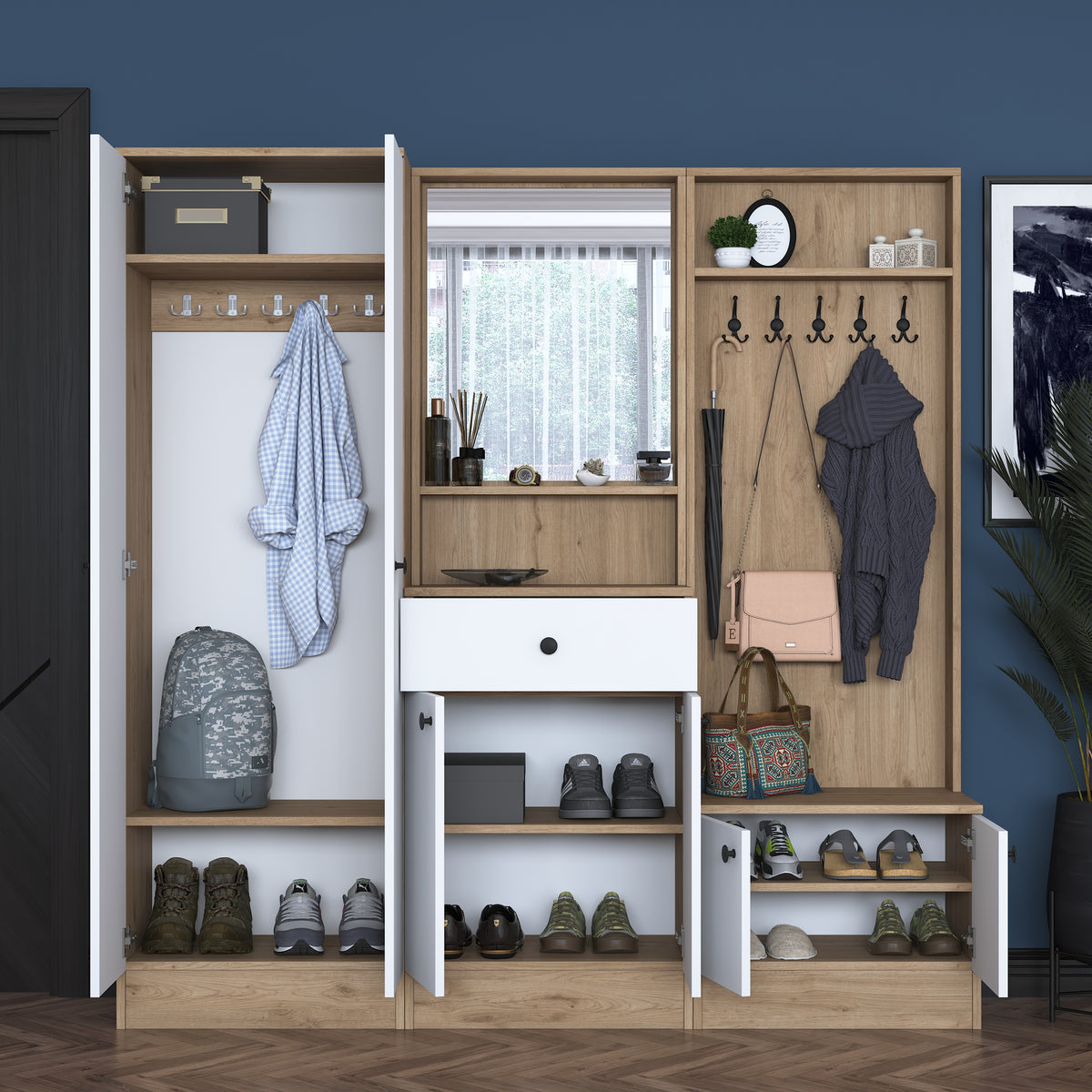 Rani P6 Modern Çekmeceli Aynalı Askılı Portmanto Ayakkabılık Vestiyer Sepet Ceviz - Beyaz M3