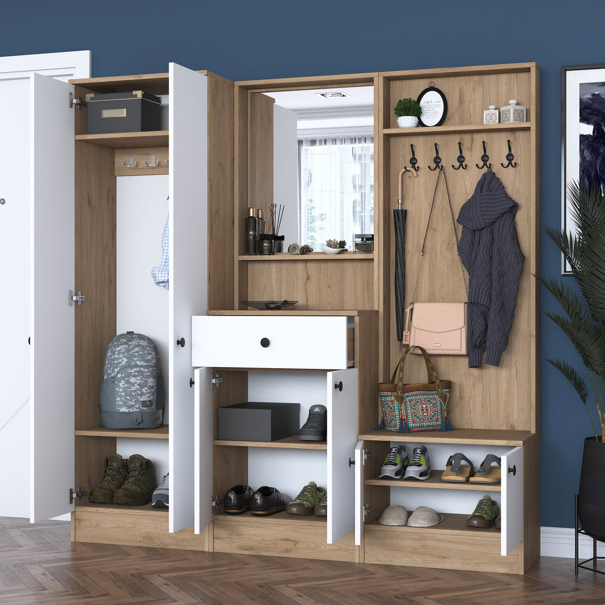 Rani P6 Modern Çekmeceli Aynalı Askılı Portmanto Ayakkabılık Vestiyer Sepet Ceviz - Beyaz M3