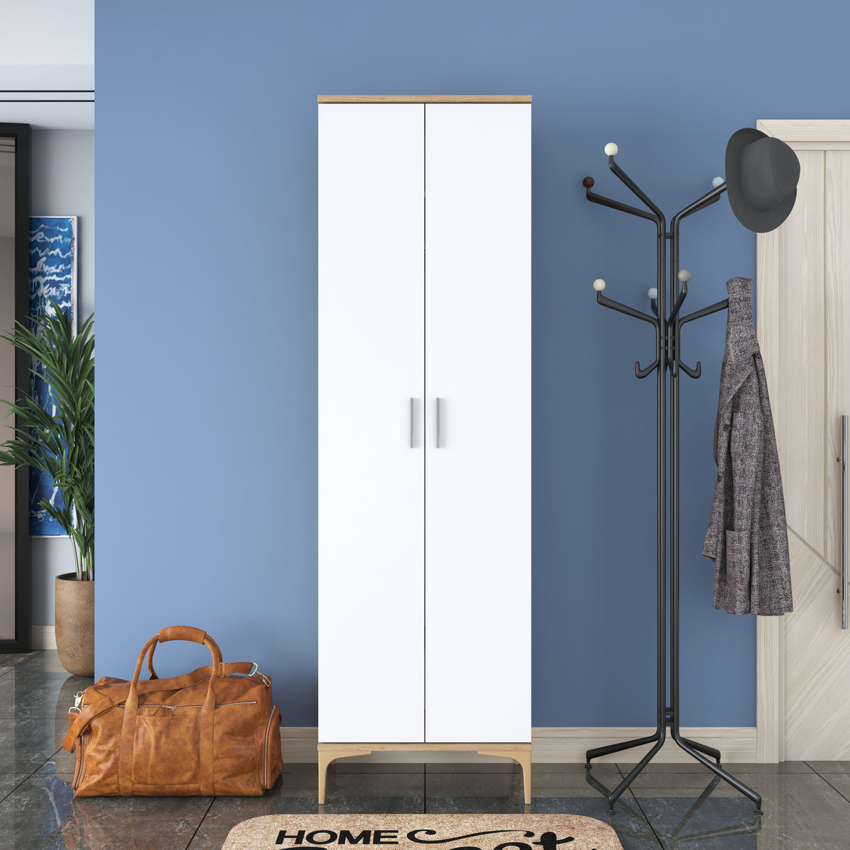 Rani EA111 Modern Kapaklı Portmanto Askılı Vestiyer Sepet Ceviz - Beyaz