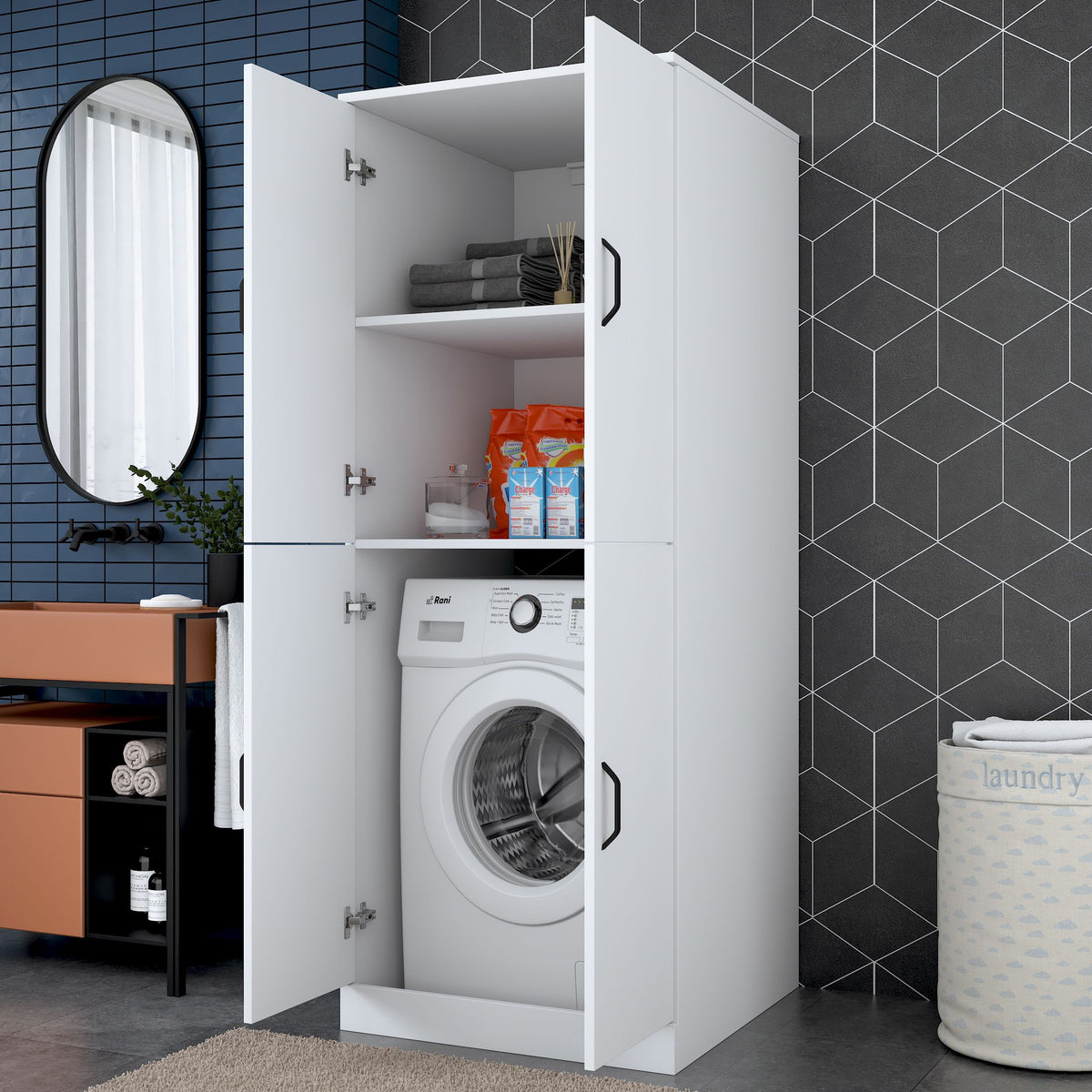 Rani KD109 Çamaşır Makinesi Dolabı 4 Kapaklı 2 Raflı Banyo Dolabı Beyaz