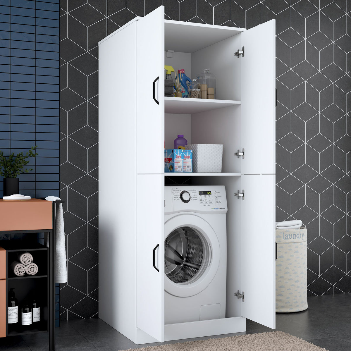 Rani KD109 Çamaşır Makinesi Dolabı 4 Kapaklı 2 Raflı Banyo Dolabı Beyaz