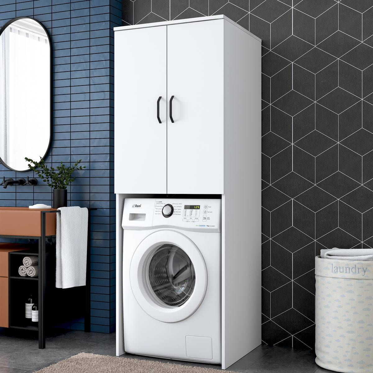 Rani KD119 Çamaşır Makinesi Dolabı 2 Kapaklı 2 Raflı Banyo Dolabı Beyaz