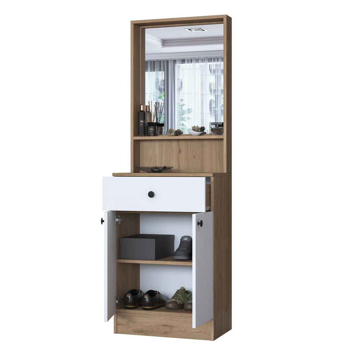 Rani P6 Modern Kapaklı Aynalı Portmanto Vestiyer Sepet Ceviz - Beyaz M15