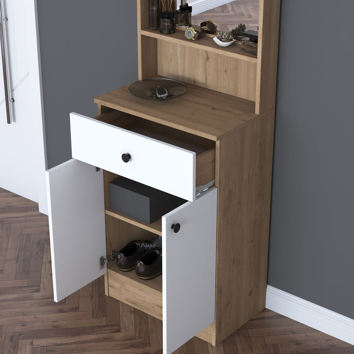 Rani P6 Modern Kapaklı Aynalı Portmanto Vestiyer Sepet Ceviz - Beyaz M15