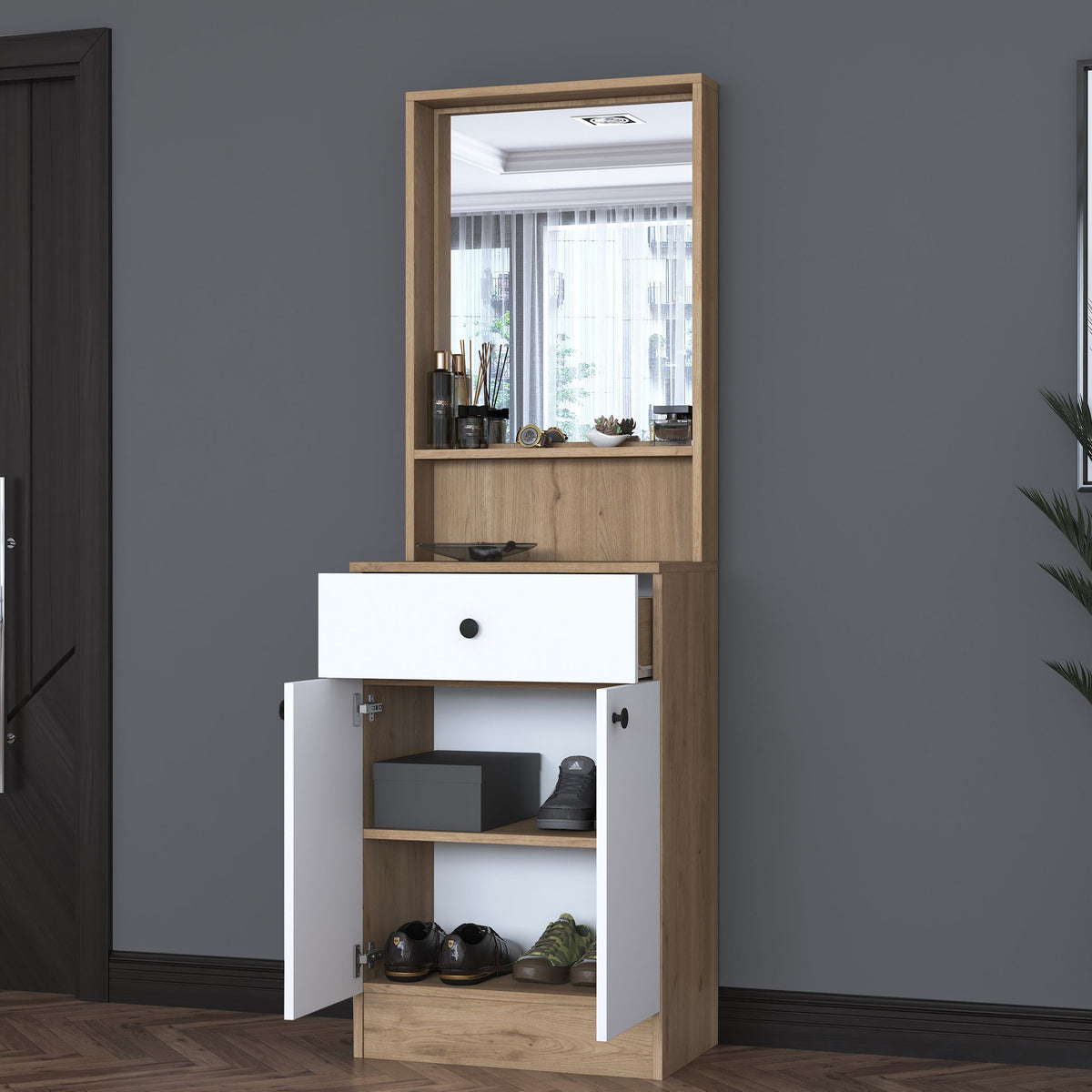 Rani P6 Modern Kapaklı Aynalı Portmanto Vestiyer Sepet Ceviz - Beyaz M15