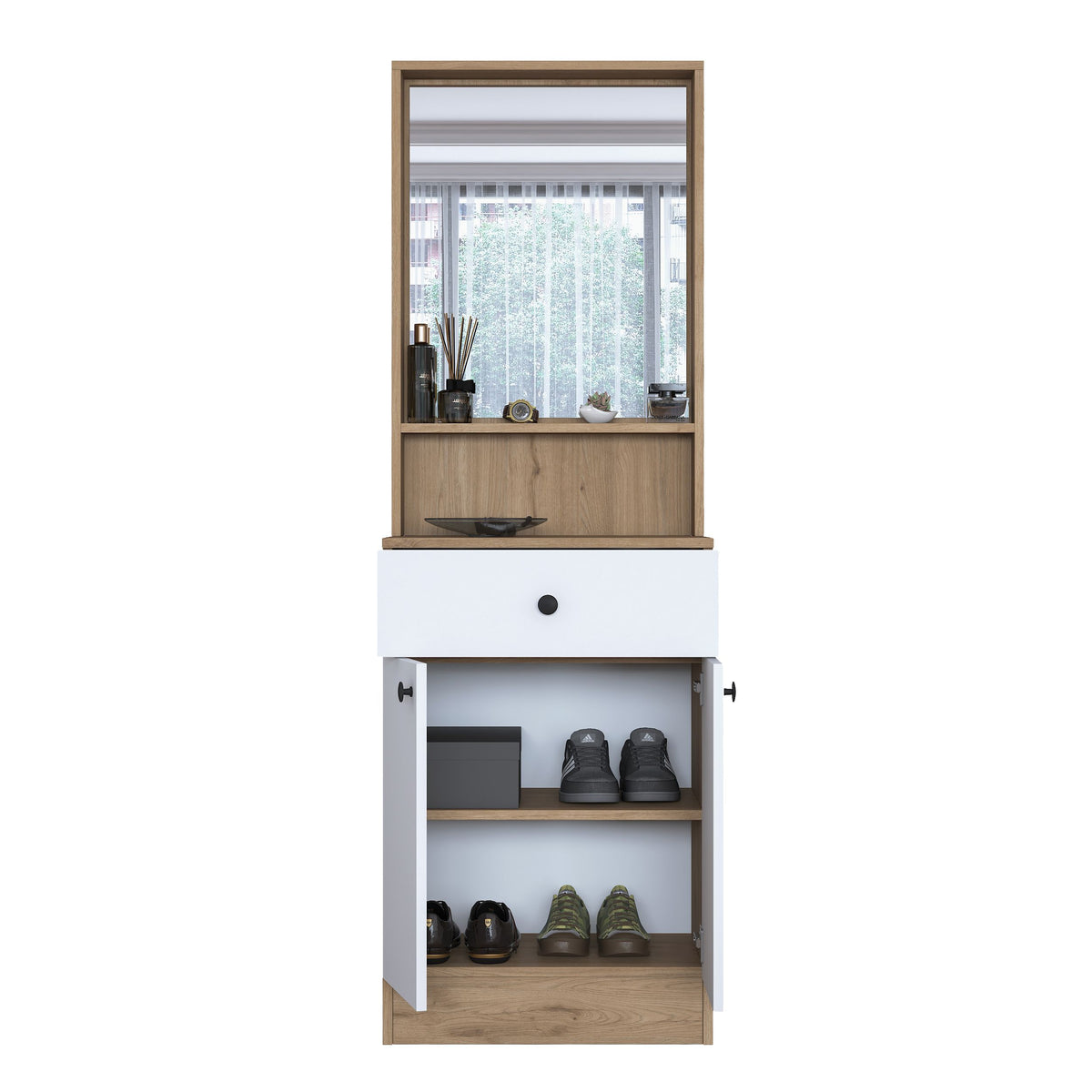 Rani P6 Modern Kapaklı Aynalı Portmanto Vestiyer Sepet Ceviz - Beyaz M15