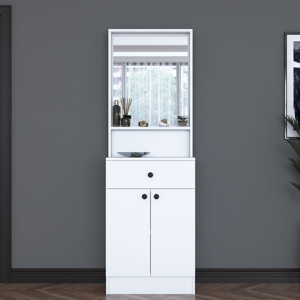 Rani P6 Modern Kapaklı Aynalı Portmanto Vestiyer Beyaz M15