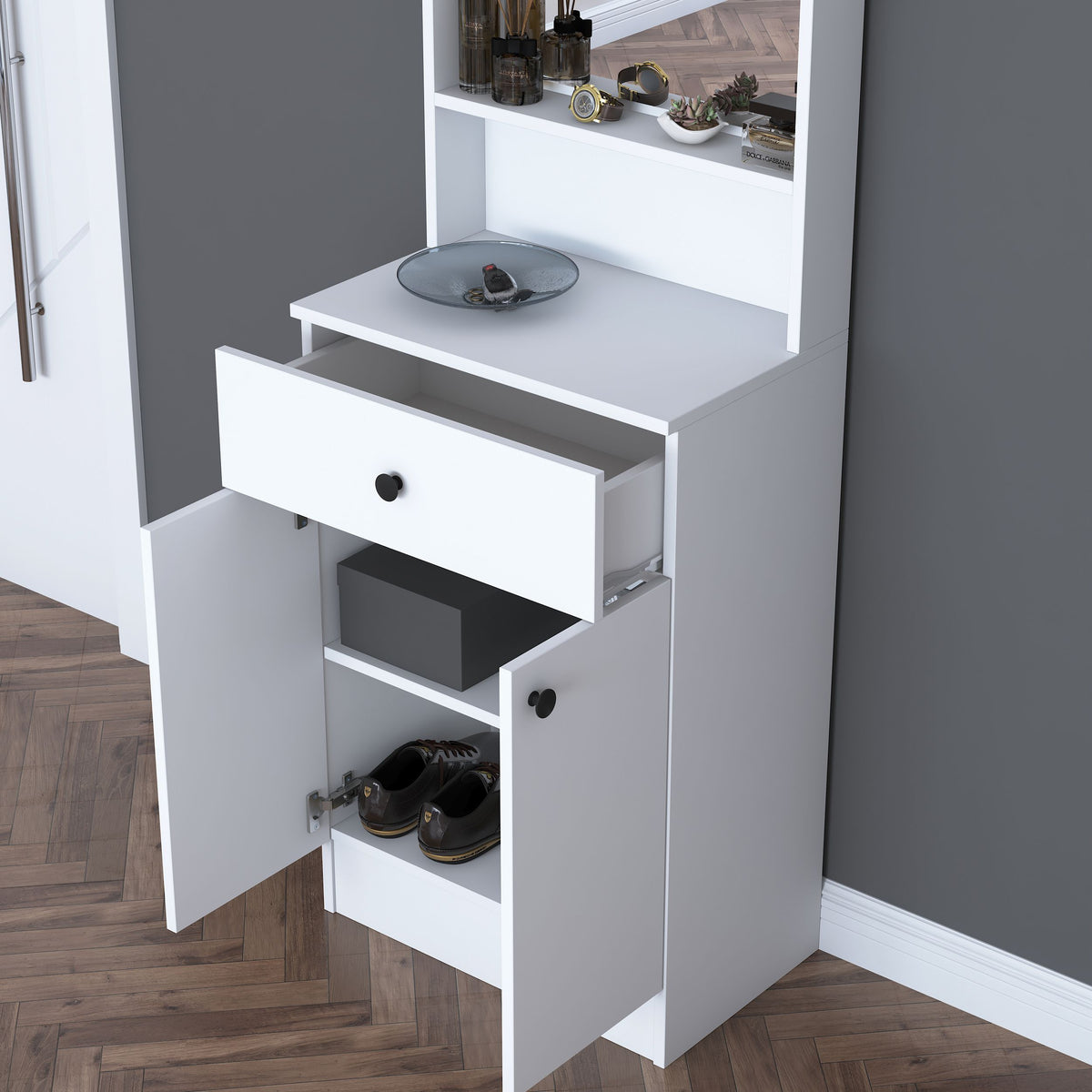 Rani P6 Modern Kapaklı Aynalı Portmanto Vestiyer Beyaz M15