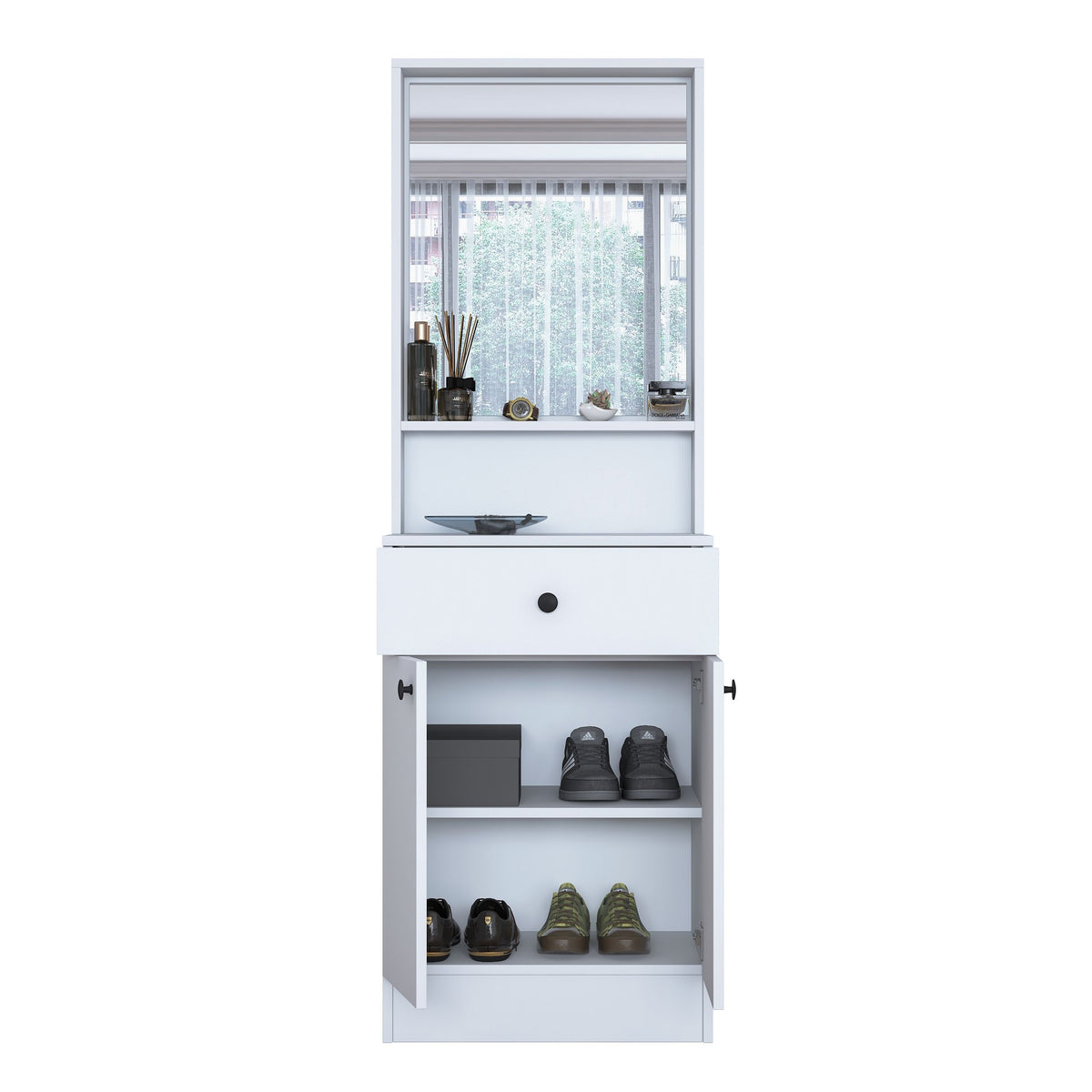 Rani P6 Modern Kapaklı Aynalı Portmanto Vestiyer Beyaz M15