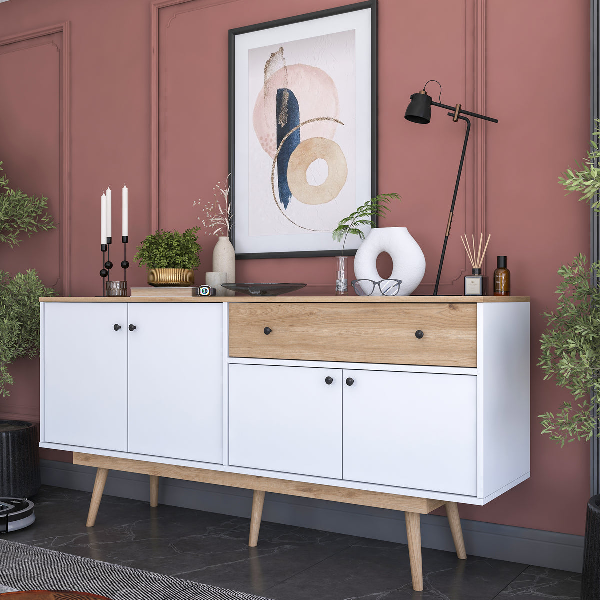 Rani GD110 Modern Ayaklı Çekmeceli Kapaklı Konsol Beyaz - Sepet Ceviz