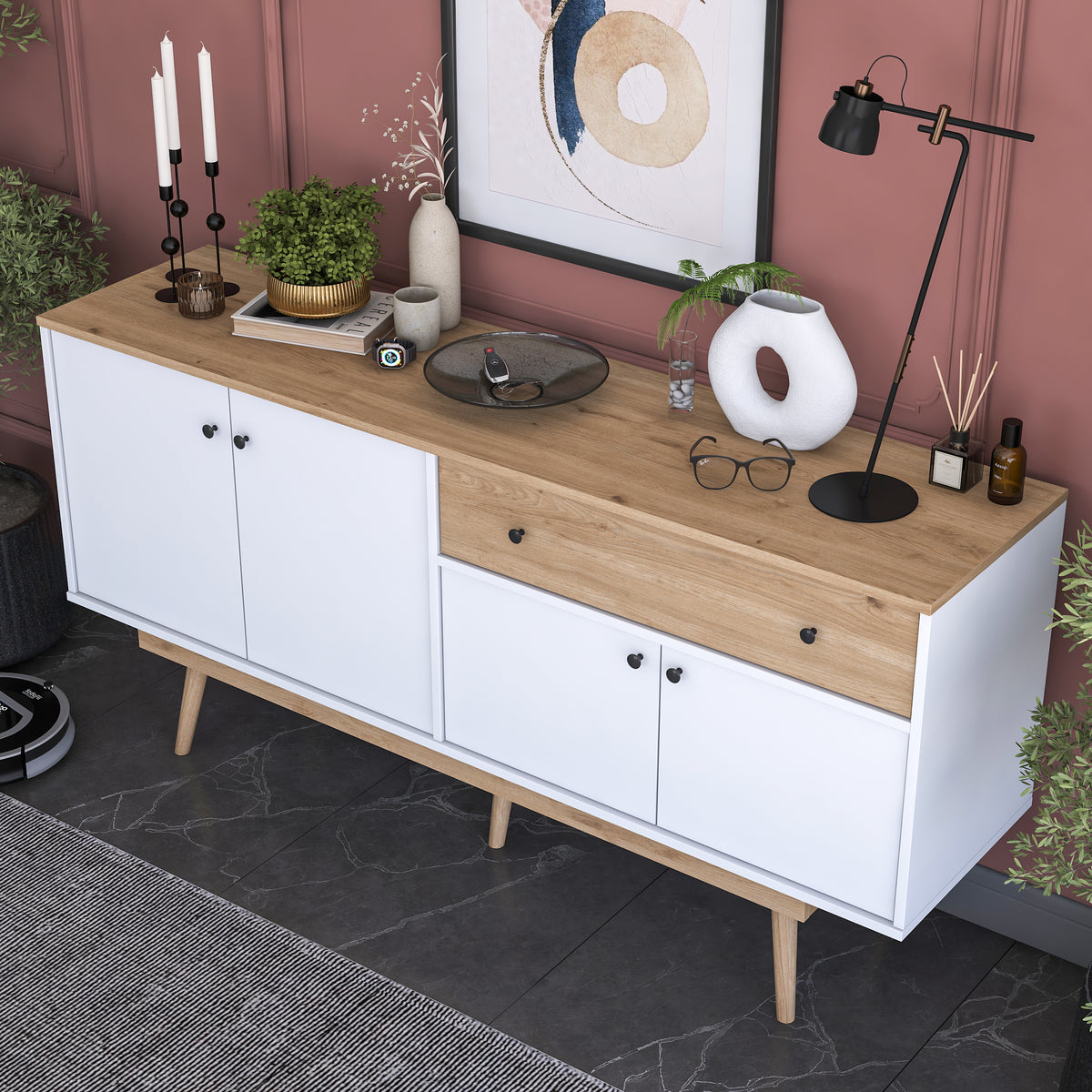 Rani GD110 Modern Ayaklı Çekmeceli Kapaklı Konsol Beyaz - Sepet Ceviz