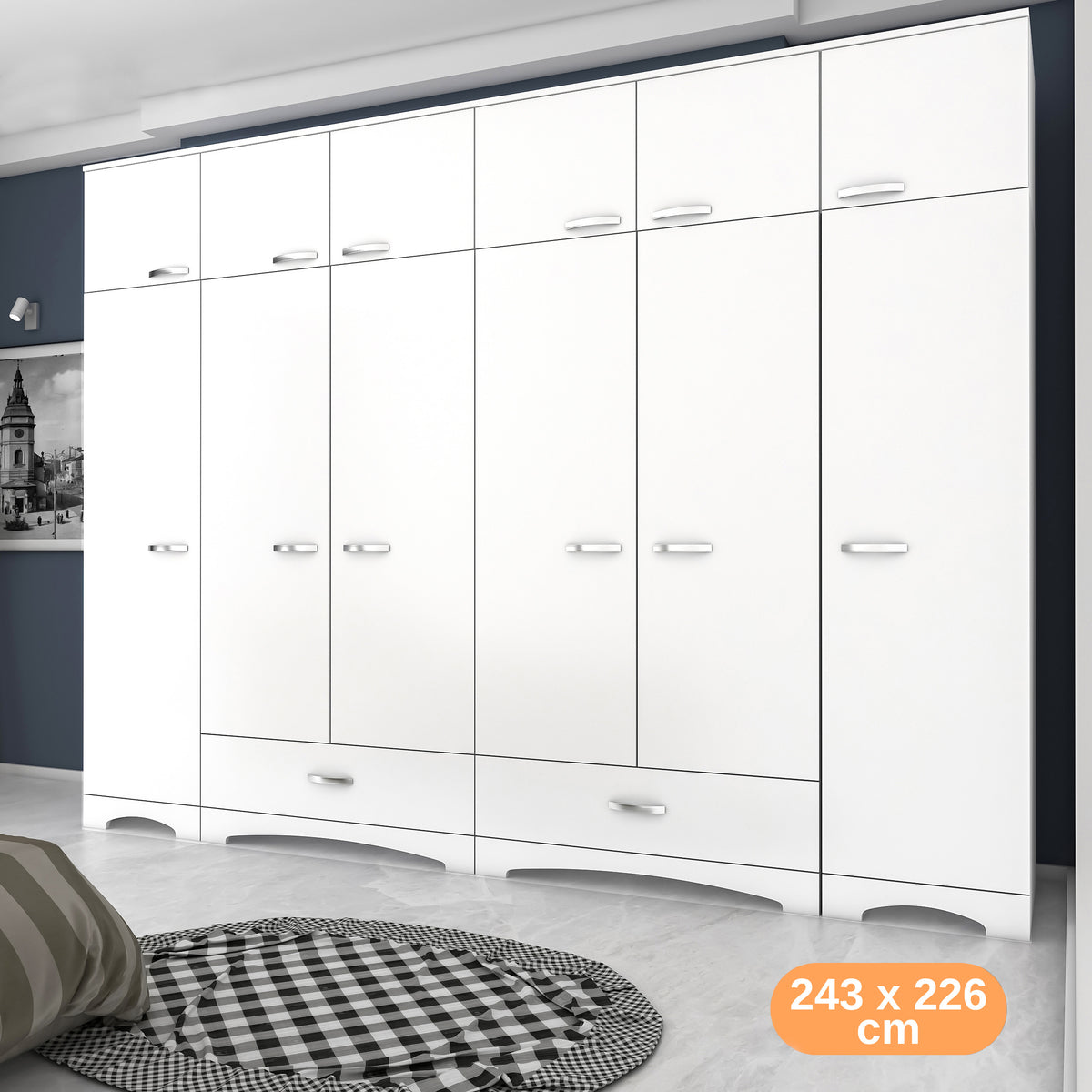 Rani BA133 Geniş Gardırop Elbise Dolabı 12 Kapaklı 2 Çekmeceli 16 Raflı 2 Askılı Beyaz
