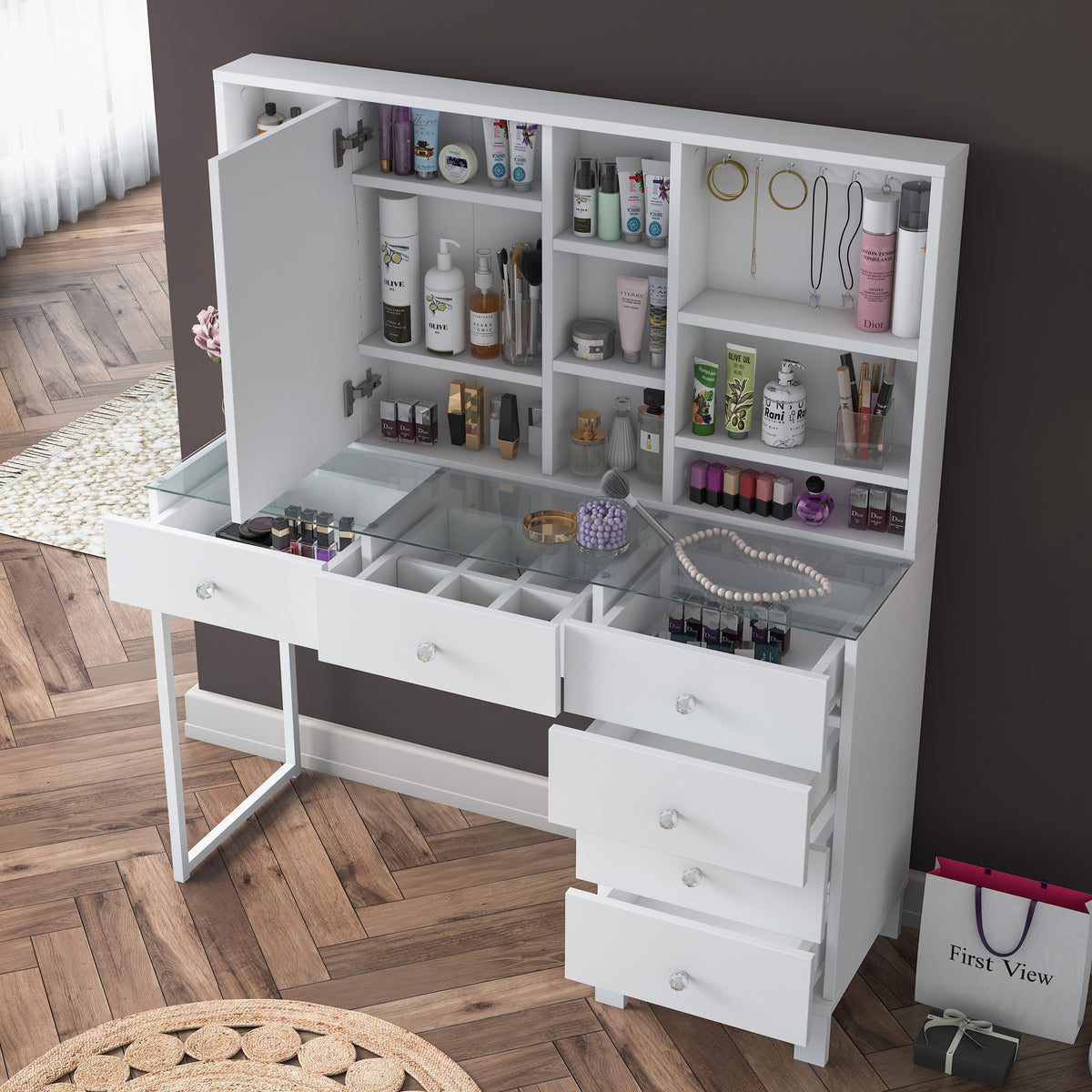 Rani BJ140 Aynalı Kapaklı 6 Çekmeceli Makyaj Masası Cam Tablalı Kancalı Takı Düzenleyici Beyaz