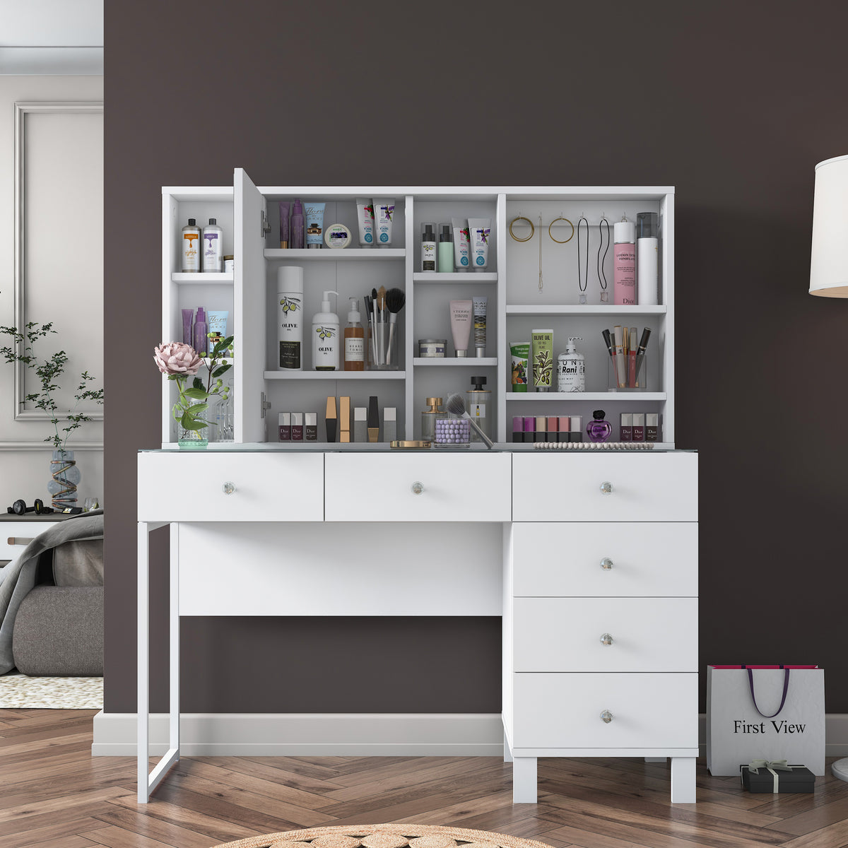 Rani BJ140 Aynalı Kapaklı 6 Çekmeceli Makyaj Masası Cam Tablalı Kancalı Takı Düzenleyici Beyaz