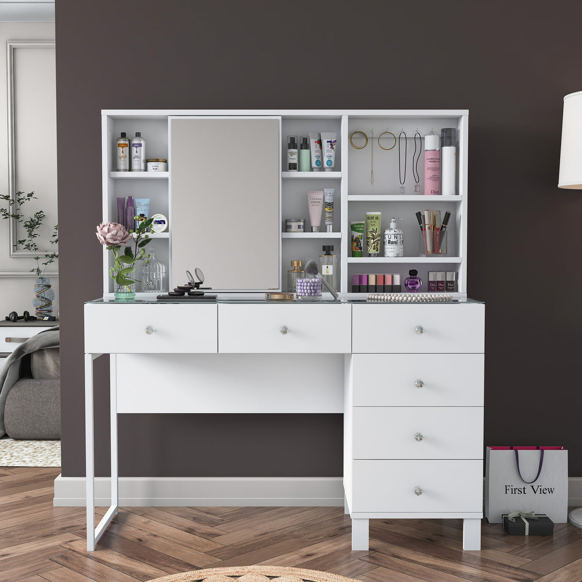 Rani BJ140 Aynalı Kapaklı 6 Çekmeceli Makyaj Masası Cam Tablalı Kancalı Takı Düzenleyici Beyaz