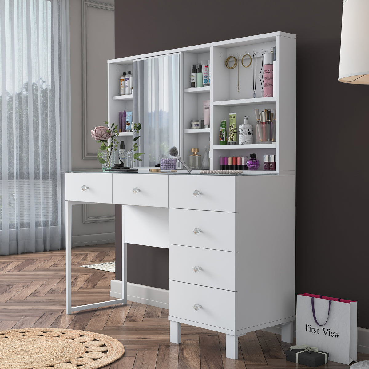 Rani BJ140 Aynalı Kapaklı 6 Çekmeceli Makyaj Masası Cam Tablalı Kancalı Takı Düzenleyici Beyaz
