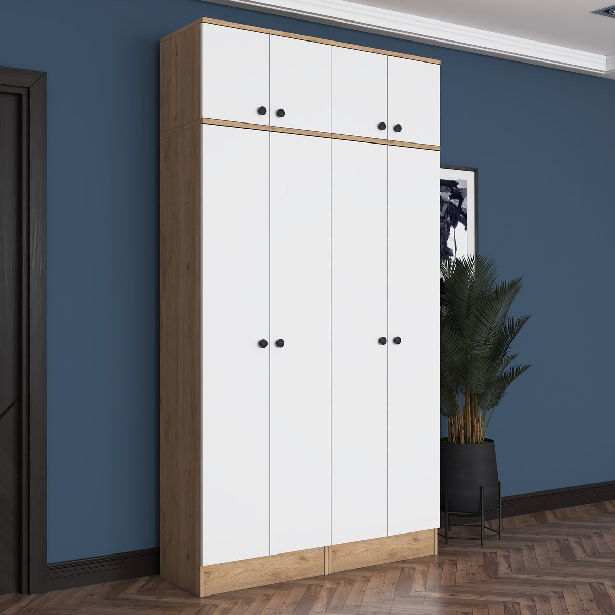 Rani EA146 Modern Portmanto 8 Kapaklı Raflı Askılı Ayakkabılık Vestiyer Sepet Ceviz - Beyaz