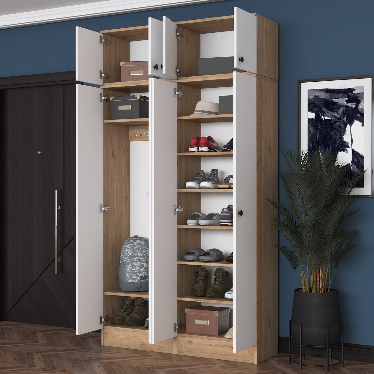 Rani EA146 Modern Portmanto 8 Kapaklı Raflı Askılı Ayakkabılık Vestiyer Sepet Ceviz - Beyaz