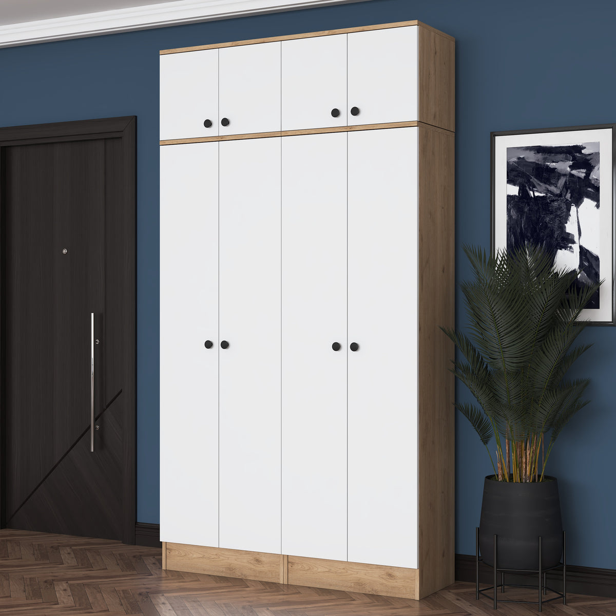 Rani EA146 Modern Portmanto 8 Kapaklı Raflı Askılı Ayakkabılık Vestiyer Sepet Ceviz - Beyaz