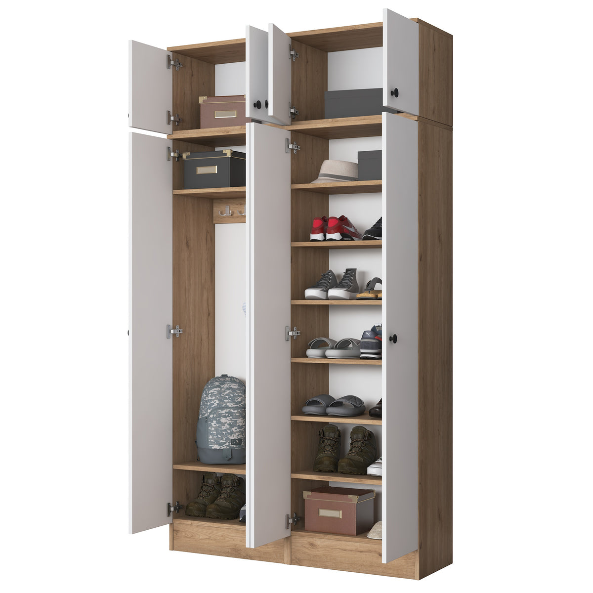 Rani EA146 Modern Portmanto 8 Kapaklı Raflı Askılı Ayakkabılık Vestiyer Sepet Ceviz - Beyaz